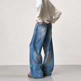 SHOPMOCHO American Retro Graffiti Print Loose High Waist Men's Jeans Autumn Winter Korean Style Floor-Length Causal Trousers Wide Leg Pant
