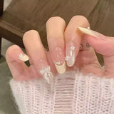 SHOPMOCHO 10Pcs Fashion Gentle Handwork Press On Nails French Style Flowers Butterfly Rhinestone Pearl Design Detachable False Nails Gift
