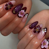SHOPMOCHO 24PCS Simple Ins Dark Pink Blush 3D Flower Almond False Nails with Glue Leopard Print French Spice Girls Fake Nail Tips Press On
