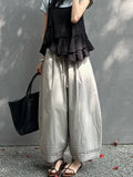 SHOPMOCHO Summer Women's Bloomers Korean Lace Thin Drawstring Splicing Wide-leg Pants Casual Loose Solid Ankle Length Baggy Pants Women