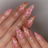 Shopmocho Pink Yellow Halo Dyeing Flower Water Ripple Summer False Nails Leopard Long Pointed Fake Nails Art Press on Nails Charm Manicure