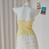 Shopmocho Women Summer Sweet Yellow Slim Fit Knitted Tube Top With Shell Ribbon Decoration Irregular Pleated Side Slit Casual Vacation Top