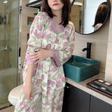 SHOPMOCHO 2026 New Ice Silk 2 Pieces Pajamas for Women Autumn Spring Women's Pajamas Set Elegant Ptinting Flower Home Wear Soft Sleepwear