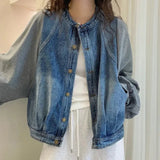 Shopmocho Harajuku Y2K Patchwork Denim Jacket Women O Neck Loose Casual Classic Coat Long Sleeve Single Breasted Rockabilly Baseball Jacke