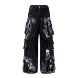SHOPMOCHO American Oversized Retro Pocket Folding Jeans For Men And Women Washed Tie Dye Heavy Industry Gothic Hip-Hop Zipper Loose Jeans