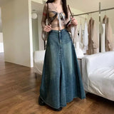 Shopmocho Spring Summer New Sweet Cool Retro Distressed Denim High Waist A- Line Long Skirt Women's Wrap Body Skirt Cotton Pure Color