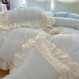 Shopmocho Pink Korean Princess Style Lace Ruffles Bedding Set Skin-friendly Seersucker Duvet Cover Set Fitted Sheet/Bed Sheet Pillowcases