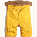 SHOPMOCHO Men's denim shorts with summer frayed elastic men's casual pants slim-fit European-style shorts tight and worn-out men's pants