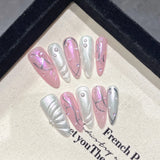 Shopmocho Handmade Press on Nails Blue Aurora Mermaid Fake Nail Patches Wearable Detachable French Pearl Almond False Nail Tips 10pcs