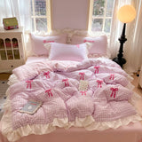 Shopmocho Korean Style Bedding Sets 2025 Pink Grid Bow Quilt Cover Romantic Bed Sheet Sets Woman Girls Bedroom Duvet Cover 4pcs
