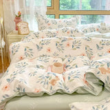 Shopmocho Fashion Floral Duvet Cover Set with Flat Sheet Pillowcase No Filler Girls Twin Full Queen Size Korean Soft Bedding Set