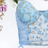 Shopmocho Women Blue Camisole Vest Bra Embroidery Flower Corsets Slim Fit Versatile Lady Corset Top Sexy Lace Rayon Ultra-Thin Thick Bra