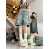 SHOPMOCHO Casual Floral Print Loose Wide Leg Womens Jeans New American Retro Star Design Straight Leg Comfort Stretch Soft Denim Shorts