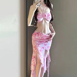 SHOPMOCHO-Women's Long Dress Bikini Halter Neck Sexy Swimsuit with Removable Pads Beach Cover Up Flowy Swimsuit for Vacation Body Shaping