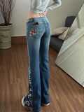SHOPMOCHO American Niche Floral Embroidered Washed Jeans Woman Y2K Millennial Retro Street Casual Harajuku Hot Girl Micro-flare Slim Jeans