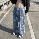 SHOPMOCHO Printed Jeans 2025 Spring Korean Style Mens New Floral Denim Pant High Street Loose Straight Couples Trousers baggy hosen herren