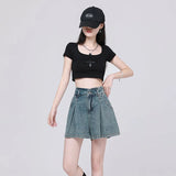 SHOPMOCHO Korean Casual High Waisted Pleated Denim Shorts For Women Spring Summer Baggy Jeans Shorts Y2k  A-Line Wide Leg Jeans