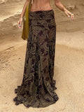 Shopmocho SUCHCUTE Brown vintage Print Low-Waist Skirts For Women Elegant Boho Long Skirt Grunge Fairycore Y2K Aesthetic 2000s Outfits