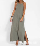 Shopmocho Women Cotton linen Side Split Long Slip Dress Summer Lady Strapless Solid Color Holiday Party Dresses FYY-10080