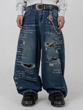 SHOPMOCHO American Fashion Printing Jeans Hip Hop Baggy Cross-legged Jeans Grey Wash Straight Mop Pants Men and Women