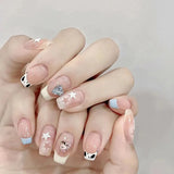 SHOPMOCHO 24Pcs Cat’s Eye Leopard Print Press on Fake Nails Mid-length Ballet False Nails with Rhinestone Detachable Full Cover Nail Tip