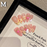 Shopmocho 10Pcs Almond Press on Nails with Pink Strawberry Bear Design Acrylic False Nails Cute Full Cover Sweet Girl Wearable Nail Tips