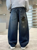 SHOPMOCHO Boy's loose-fit trendy rear pocket embroidered design denim straight-leg pants, comfortable stretch elastic waist.