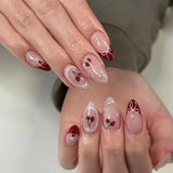 Shopmocho 24PCS Wine Red Almond Press on Nails Cartoon Rabbit Bowknot with Plaid Pearl Designs French Fake Nails for Girls Detachable Nail