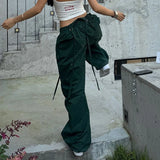 SHOPMOCHO Women American Wide Leg Pants Vintage Loose Drawstring Cargo Trousers High Waisted Jazz Hiphop Casual Summer Dance Pants
