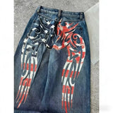 SHOPMOCHO 2026 new printed retro wide-leg casual slim trousers Hip-hop personality jeans Y2K women's dark fun graffiti floor-length pants