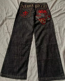 SHOPMOCHO Leopard print hem jeans 2000s American casual jeans high waist straight wide leg jeans Harajuku retro women's clothing
