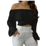 SHOPMOCHO Off Shoulder Shirts Puff Long Sleeve Y2K Crop Tops Summer Clothes Women 2026 Black White Blouse Bandage Elegant Sexy Women Shirt