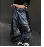 SHOPMOCHO Blue Womens Jeans High Waist Vintage Design Hip Hop Straight Baggy Denim Pants Street Y2K American Style Wide Leg Denim Trouser