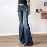 Shopmocho Flare Pants Jeans Women Embroidery Boot Cut Low Waist Washed Distressed Pockets Floor Length Streetwear 2025 Denim Trousers