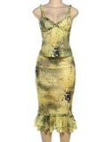 Shopmocho Weird Puss See Through Women 2 Piece Set Y2K Ruffles Patchwork Camisole+Tierred Skirts Matching Vacation Sexy Midnight Clubwear