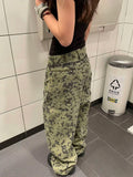 SHOPMOCHO American retro large size washed distressed camouflage rivet jeans women street loose slimming wide leg trousers