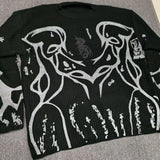 SHOPMOCHO Black Retro Long-Sleeved Punk Gothic Harajuku Knitted Sweatshirt Men And Women Y2k American Striped Tear High Street Sweaters
