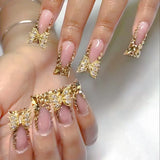 Shopmocho 24pcs Duckbill Shaped Fake Nails Gold Butterfly Rhinestone Design False Nail Tips Wearable Full Cover French Press on Nails