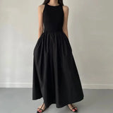 Shopmocho New Summer Simple Elegant Black Long Dresses For Women Round Neck Sleeveless High Waist Temperament Female Fashion Style Dress