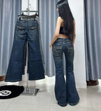 SHOPMOCHO Retro Gothic Punk Metal Grunge Jeans Y2k Women Blue Washed Slim Sexy Micro Flared Jeans Fashion Streetwear Low Waist Denim Pants