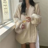 Shopmocho Autumn Winter Women Sweater Harajuku Oversized Knitted Pullovers Korean Long Sleeve V Neck Knitwear Preppy Solid Loose Jumper