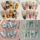 SHOPMOCHO 10Pcs Fashion Gentle Handwork Press On Nails French Style Flowers Butterfly Rhinestone Pearl Design Detachable False Nails Gift
