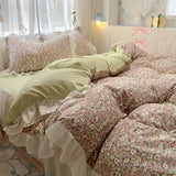 Shopmocho 1.5/1.8 Korean Style 100% Cotton Fitted Sheet Sets with Lace Flower Print Bedding Set for Seasons Home Bedclothes for Adult Kids