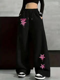 SHOPMOCHO New Women's Plus Size Spring Star Print Pants Fleece Elastic Waist Straight Leg Sweatpants Fashionable and Versatile