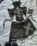 SHOPMOCHOY2K Black Leather Spliced Denim Two Piece Set Women Harajuku Zipper Long Sleeved Jacket New Sexy Pleated Skirt Motorcycle Suit