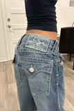 Shopmocho Harajuku Gothic Retro Pocket Embroidered Blue Baggy Jeans Buddha Embroidery Logo Jeans Y2K Men Women Low Waist Wide Leg Trousers