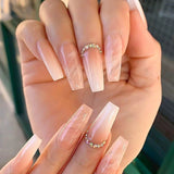Shopmocho 24pcs Y2k Summer Sea Blue Gradient Fake Nails With Water Ripples Designs Long Square Coffin False Nails Set Press On Nail Tips