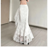 SHOPMOCHO-SylCue Lace Patchwork Skirts Women High Waist Hip-Covering Irregular Casual Fashion Creamy Sweet Style Ruched Elegant Outfits