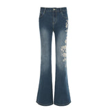 Shopmocho Flare Pants Jeans Women Embroidery Boot Cut Low Waist Washed Distressed Pockets Floor Length Streetwear 2025 Denim Trousers