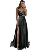 Shopmocho Satin Prom Dresses Pockets Draped Neck Long Formal Evening Gown Spaghetti Strap A line Bridesmaid Dress Lace Up Back with Slit
